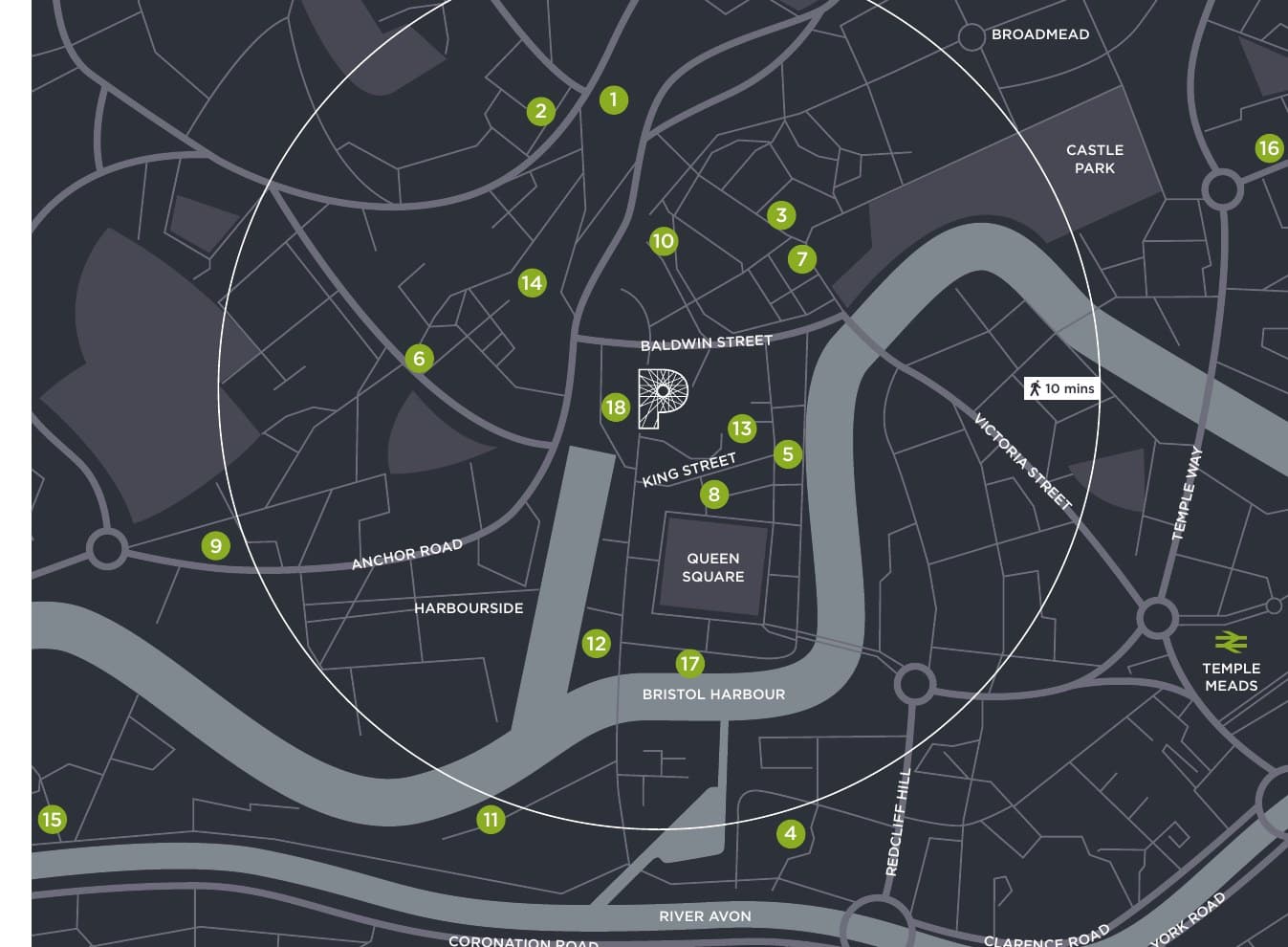 Map of central Bristol showing Prologue Works at 25 Marsh Street, with numbered locations of food, drink, culture, bike shops and hotels