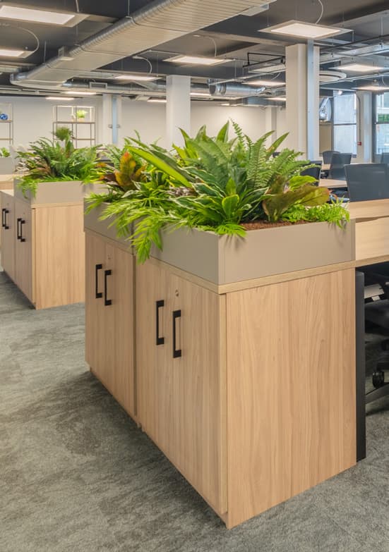 Breakout lounge corner with planters and sofa